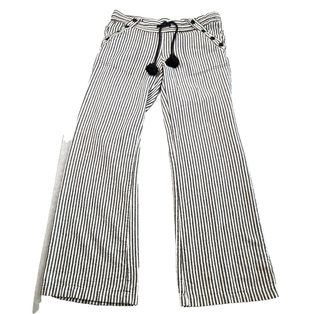 Jolt Black & White Striped Wide-Leg Pants Drawstring/Button Tassel Cotton